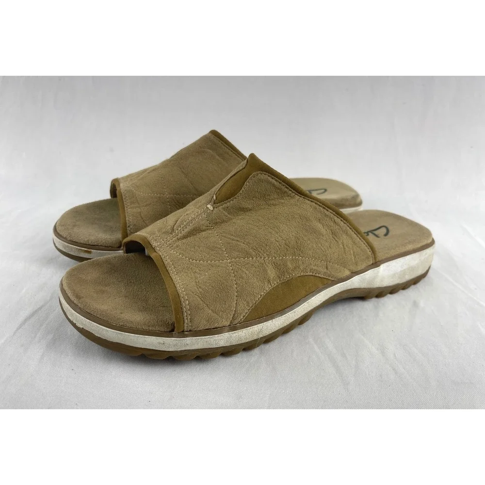 Clarks Slide Sandals Women 10 M Tan Quilted Comfort Casual Summer Shoes